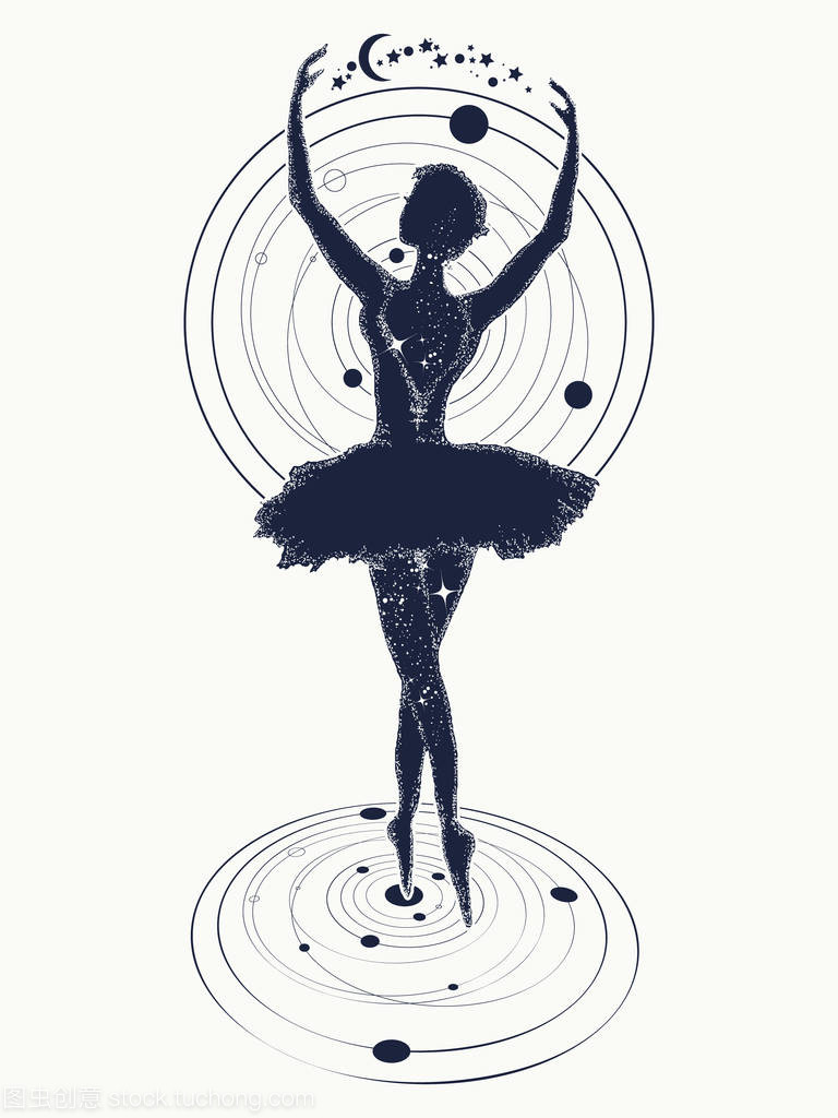 芭蕾舞蹈在空间的纹身。艺术,诗歌的象征